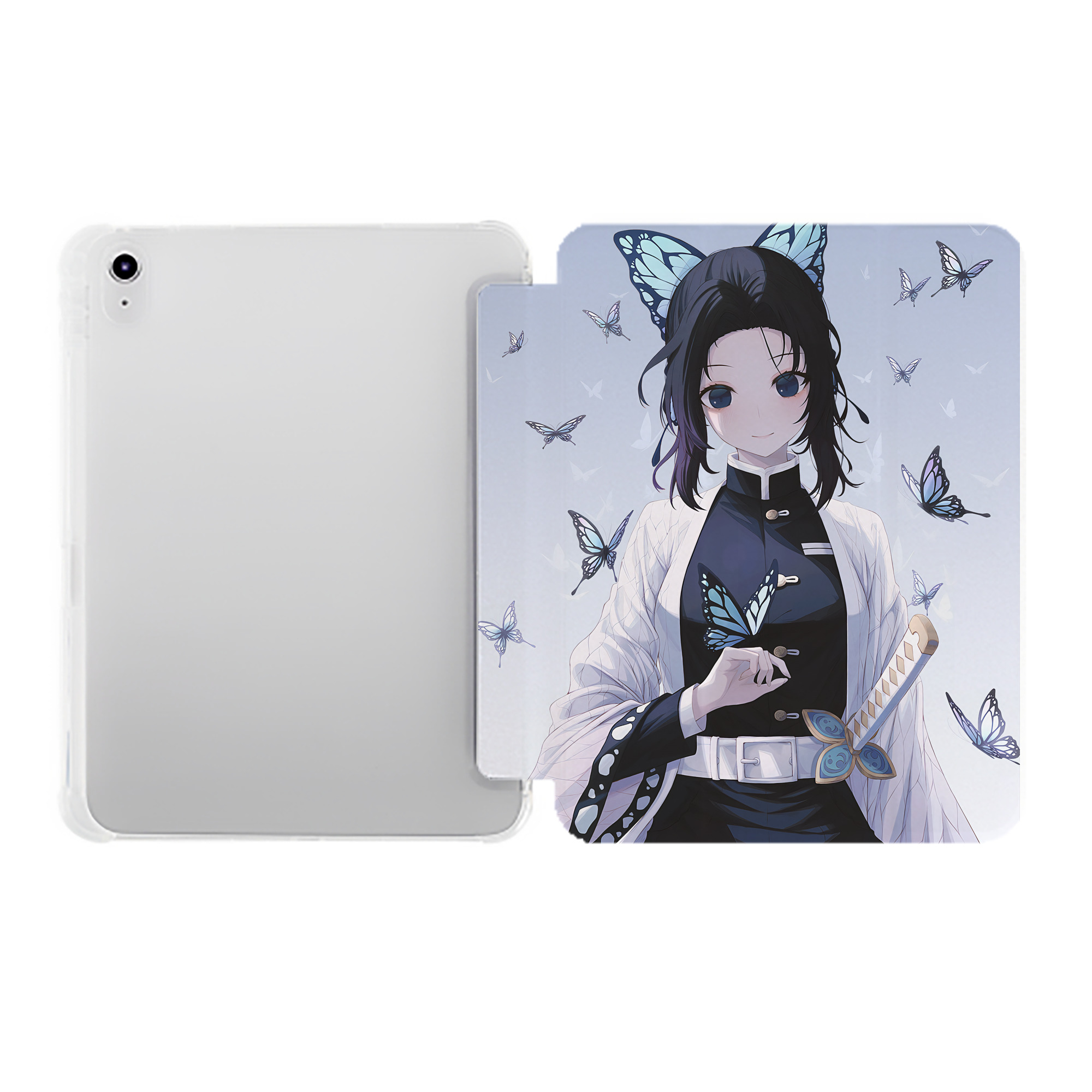 （画像用） 鬼滅の刃（きめつのやいば）蟲柱-胡蝶 しのぶ／こちょう しのぶ Kochou Shinobu IPad ケース ペン収納付き 三つ折りスタンド PUレザー×シリコン 対応機種9.5/10.5/10.9インチ